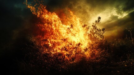 Fototapeta premium Illuminated Burning Bush: A Symbol of Moses' Encounter with the Divine, Capturing Flames and Light amidst Darkness