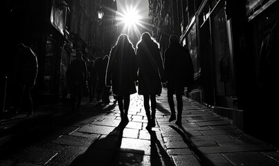 Silhouetted women walk down sunny city street