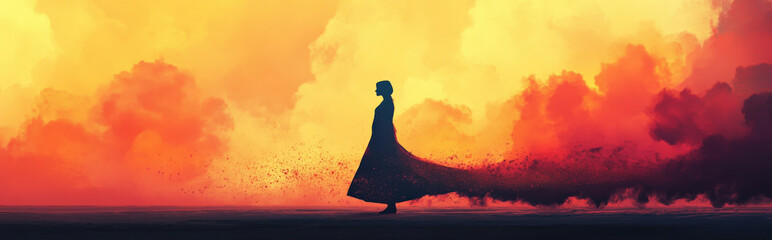 Fototapeta premium A minimalistic surreal illustration of a drifting dupatta scattering Holi powders around a single silhouette in a blank environment