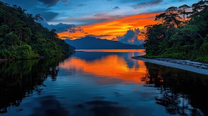Serene Tropical River at Dusk with Vibrant Orange Sky and Reflective Water Surface
