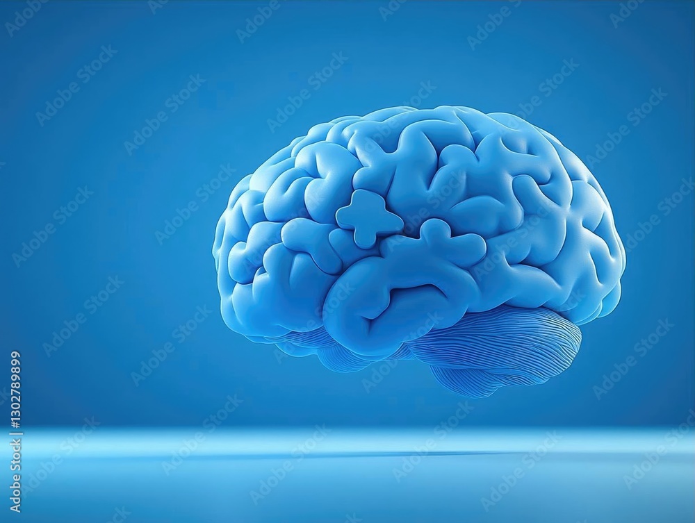 Poster 3d rendering of a vibrant blue brain model floating against a soft blue background