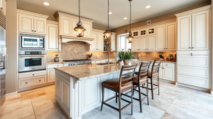 Elegant kitchen with white cabinetry and granite countertops featuring modern appliances in a spacious layout