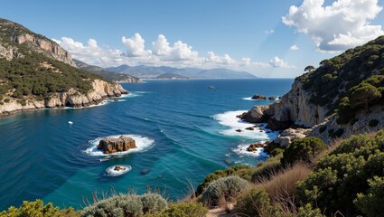 Obraz premium Beautiful Spanish Mediterranean seascape featuring rocky coastline and vibrant blue waters under clear sky. Concept emphasizes tranquility and natural beauty of Spanish Mediterranean seascape