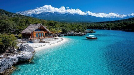 Serene Tropical Paradise with Crystal Clear Water and Charming Waterfront Cabin