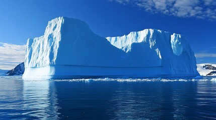 Majestic iceberg floats in serene ocean under a vibrant blue sky.
