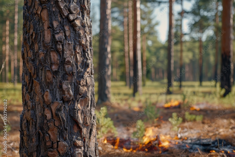 Poster a close-up of a pine tree in a forest, showing its textured bark, with a backdrop of trees and a hin