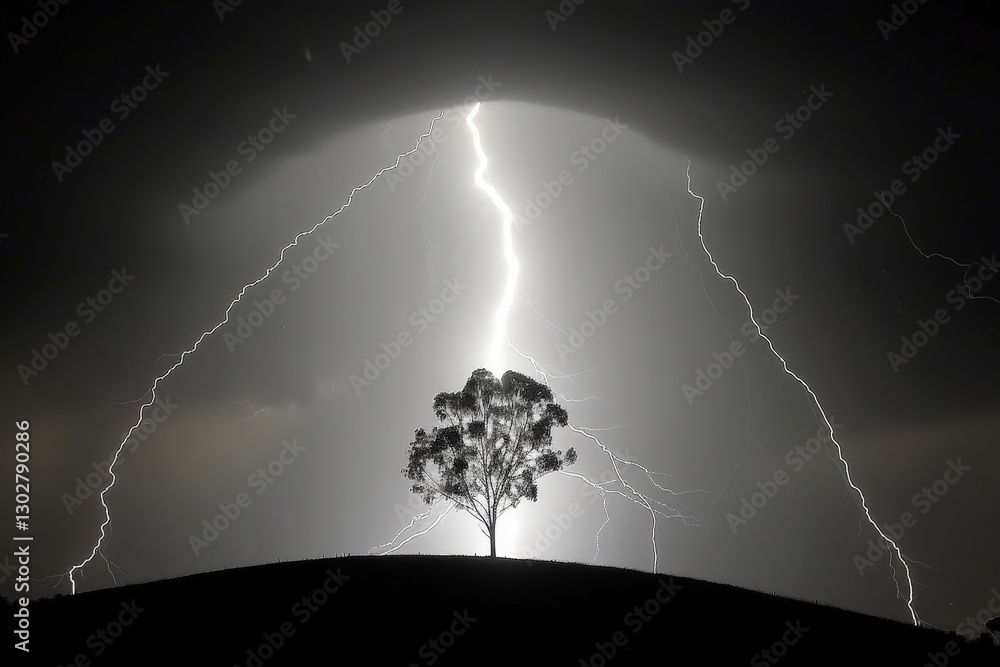 Poster a striking image of a solitary tree illuminated by lightning against a dark sky, creating a dramatic