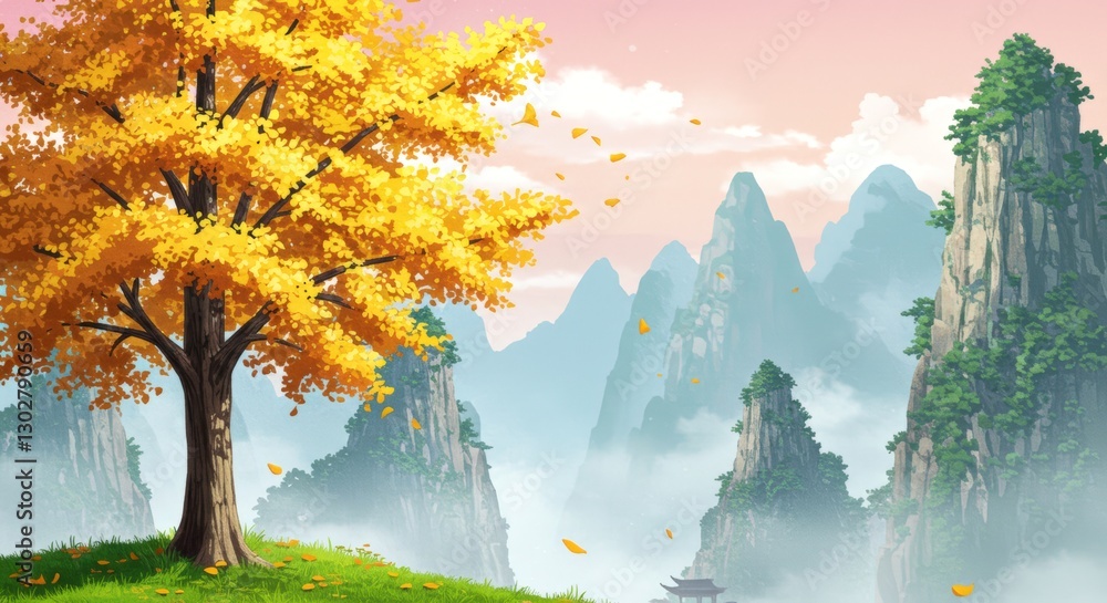 Aufkleber tree with yellow leaves is in front of a mountain. the mountain is covered in trees and has a lot of