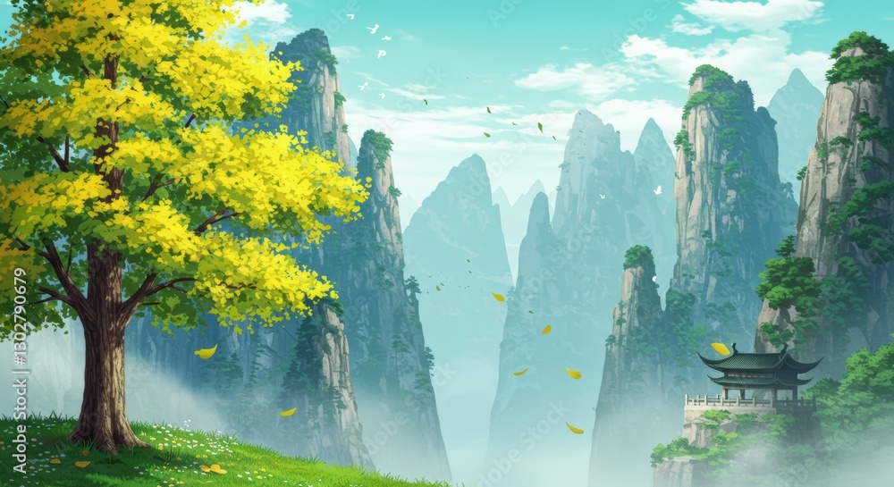 Poster tree is in the foreground of a mountain range. the mountains are covered in trees and the sky is blu
