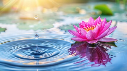A beautiful pink lotus flower blooms on calm water, with ripples and sunlight creating a serene atmosphere.