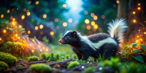 Tilt-Shift Miniature Skunk Exploring Starry Woodland Night