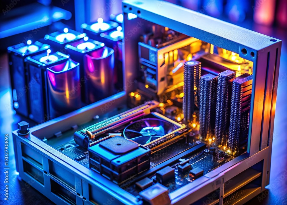 Poster tilt-shift photo of open computer case revealing internal components