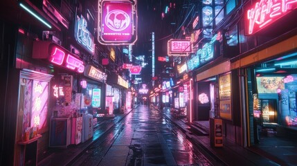 Fototapeta premium Neon-lit urban street scene at night with vibrant signs, reflecting wet pavement, and a lively atmosphere