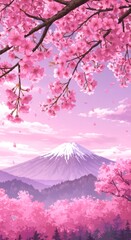 Pink and white landscape with cherry blossoms and a mountain in the background. The mountain is covered in snow. For background, poster, banner.
