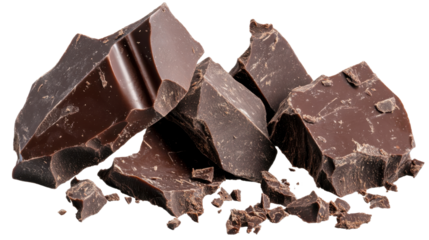 A smooth, rich chocolate bar with a glossy surface, broken into pieces, isolated on a transparent background to highlight the texture and deep brown color