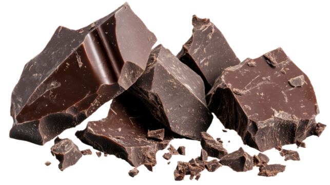 A smooth, rich chocolate bar with a glossy surface, broken into pieces, isolated on a transparent background to highlight the texture and deep brown color
