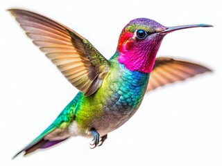 Obraz premium Tiny Hummingbird in Flight, Isolated on White, Tilt-Shift Miniature Effect