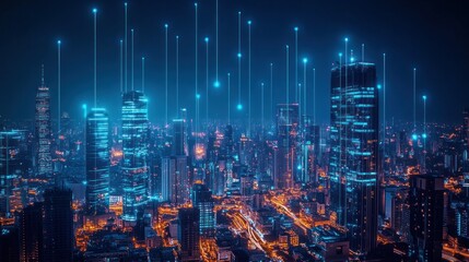 Obraz premium Futuristic city skyline at night with glowing data streams and vibrant urban lights