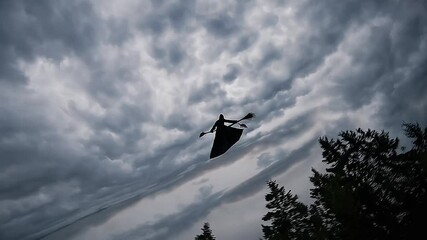 a figure cloaked in black flies through the sky riding a broomstick at very high speed moving forward and weaving in and out of trees quickly, wispy clouds and pass him quickly, the wispy clouds then  - Powered by Adobe