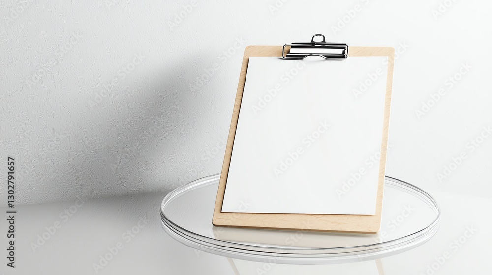 Poster minimalist clipboard with blank paper on a reflective surface in a neutral background setting.