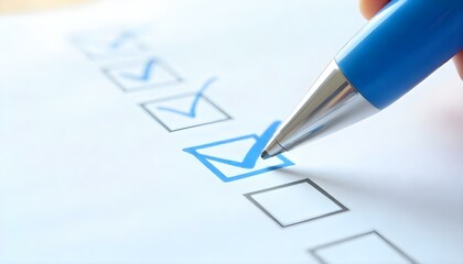 Una ilustración digital muestra un primer plano de un bolígrafo azul que marca una lista de verificación sobre un fondo blanco