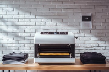 Heat Press Appliance on Wooden Table with T-Shirt Against White Brick Wall - Ideal Background for Brand Promotion