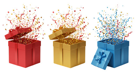 Three Open Gift Boxes Colorful Confetti Surprise Celebration Festive Holiday Presents 3D Red Joy Bow