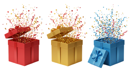 Three Open Gift Boxes Colorful Confetti Surprise Celebration Festive Holiday Presents 3D Red Joy Bow