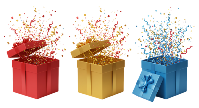 Three Open Gift Boxes Colorful Confetti Surprise Celebration Festive Holiday Presents 3D Red Joy Bow