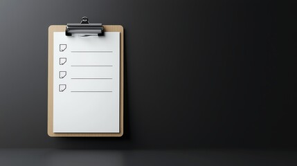 Minimalist clipboard with checklist in a black office setting, symbolizing organization and productivity.
