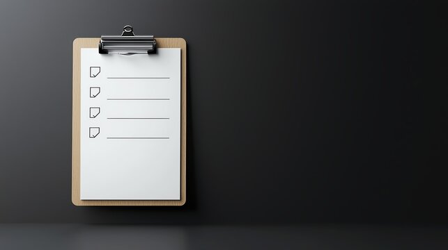 Minimalist clipboard with checklist in a black office setting, symbolizing organization and productivity.