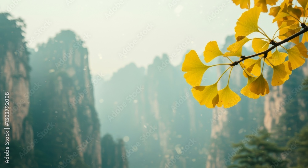 Aufkleber leaf is on a branch of a tree. the branch is on a mountain. the mountain is in the background. for b