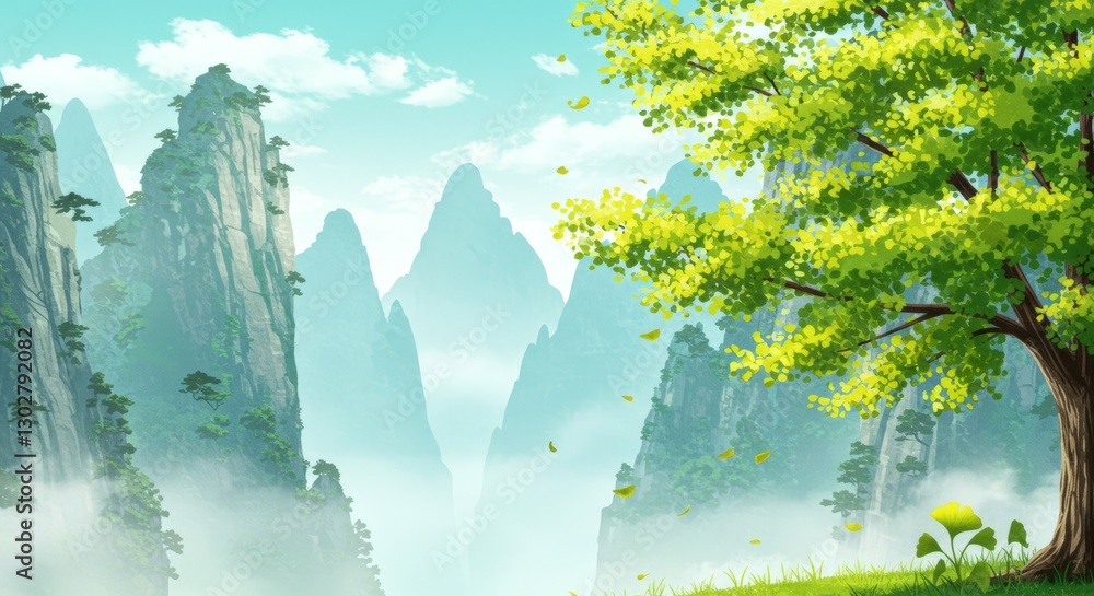 Poster mountain range with a tree in the foreground. the tree is surrounded by mountains and has leaves. fo