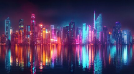 Fototapeta premium Vibrant city skyline at night reflecting colorful lights on water, showcasing urban life