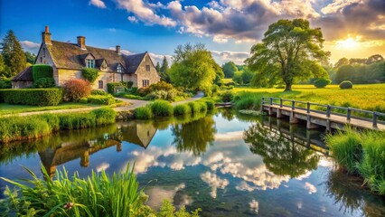 Tranquil Cotswold Village Pond: Summer Landscape Reflection Photography