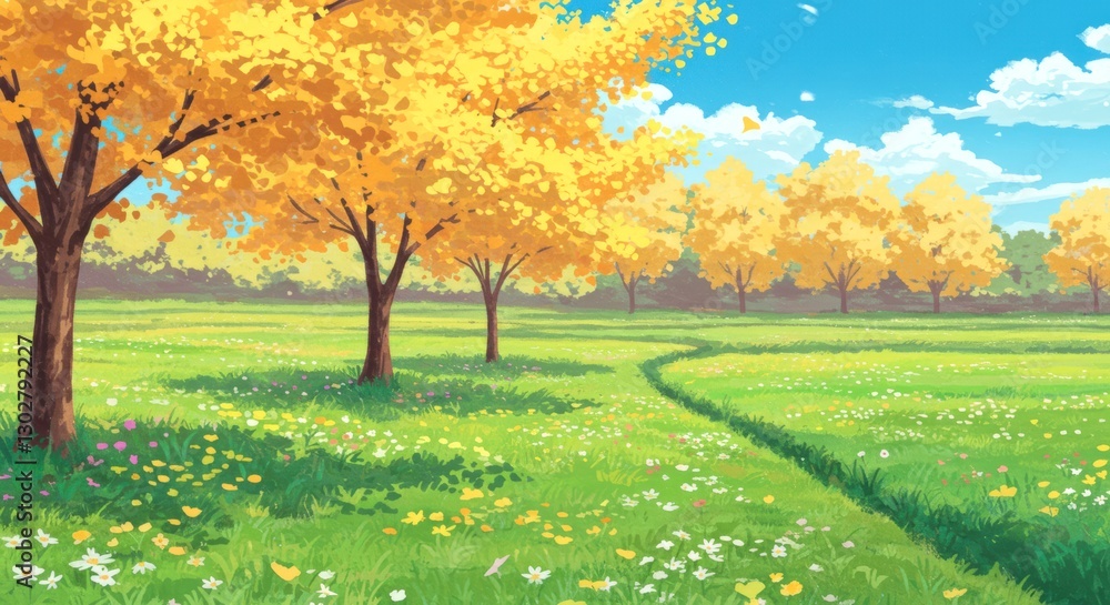Aufkleber field with a path in the middle and trees on the sides. the trees are yellow and the grass is green.