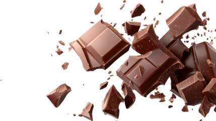 A smooth, rich chocolate bar with a glossy surface, broken into pieces, isolated on a transparent background to highlight the texture and deep brown color