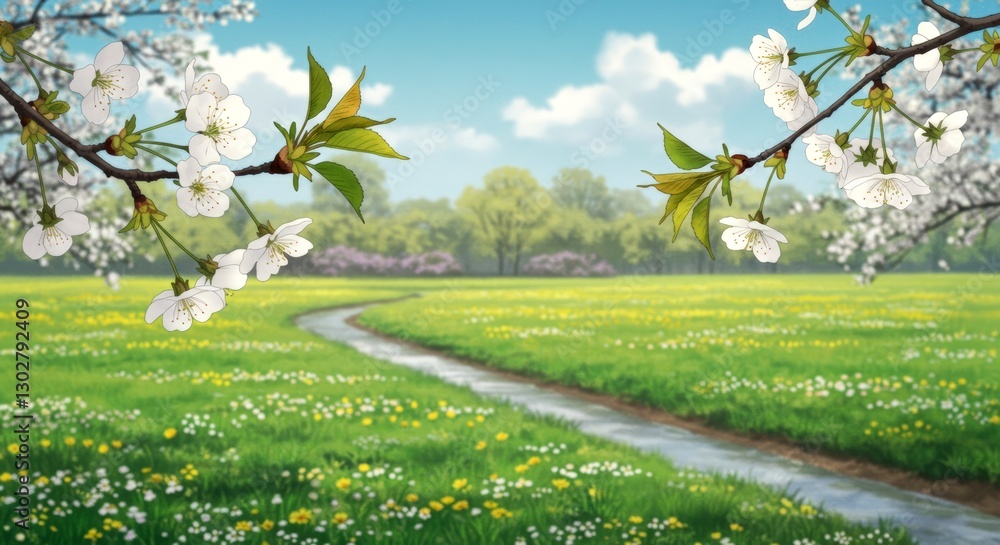 Poster field of grass with a path running through it. the grass is green and the flowers are white. for bac
