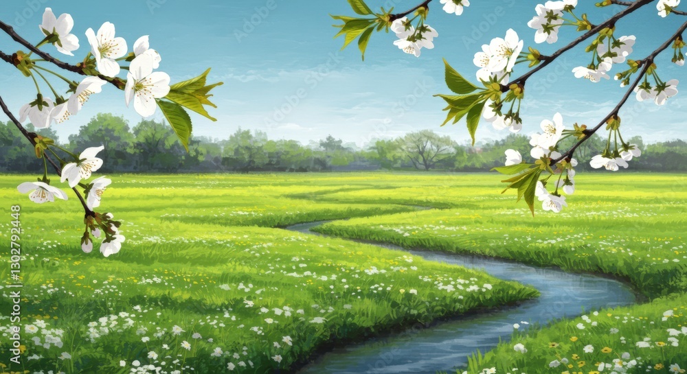 Aufkleber field with a river running through it and a tree with white flowers. the field is green and the rive