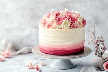 Naklejka premium A stunning pink ombre cake decorated with intricate buttercream roses and small flowers, displayed on a cake stand against a soft, elegant background.