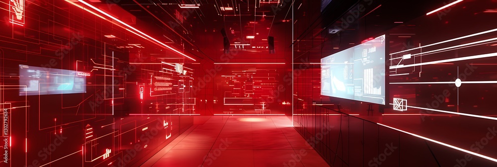 Poster futuristic red tech room with digital screens and glowing lights. high-tech and abstract digital env