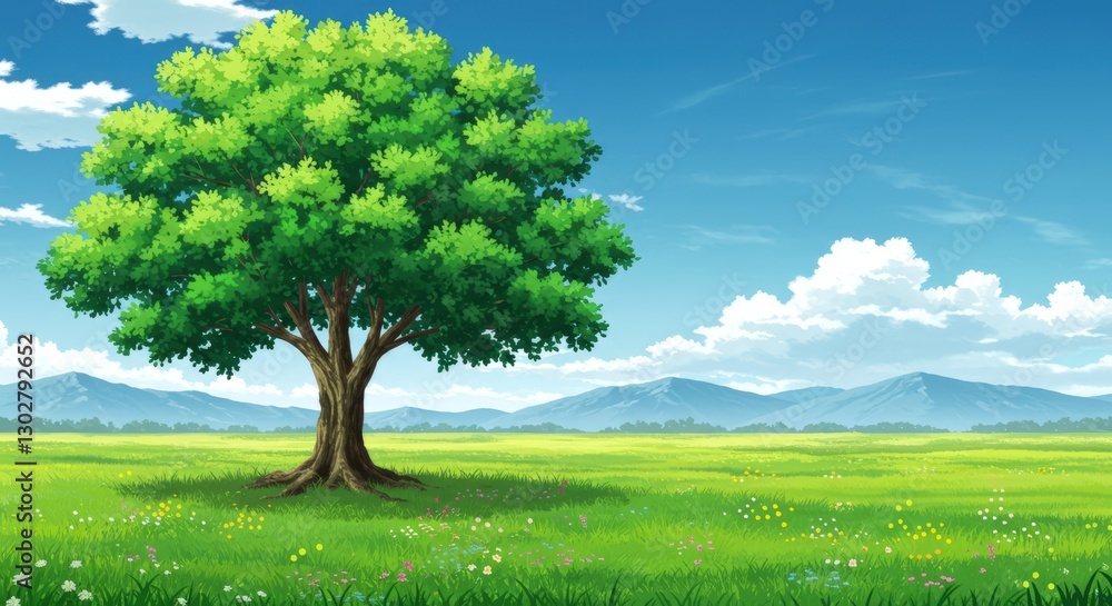 Poster large tree is in the middle of a field. the sky is blue and there are some clouds. for background, p