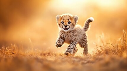 Cheerful Cheetah Cub Running Playfully in Golden Grasslands