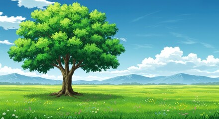 Obraz premium Large tree is in the middle of a field. The sky is blue and there are some clouds. For background, poster, banner.