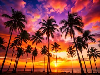 Tropical Sunset Silhouette: Palm Trees on Vibrant Beach at Dusk