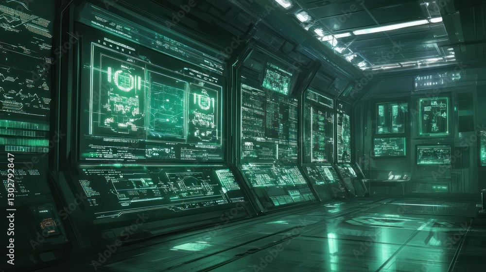 Poster futuristic control room filled with glowing screens and data displays in a high-tech environment