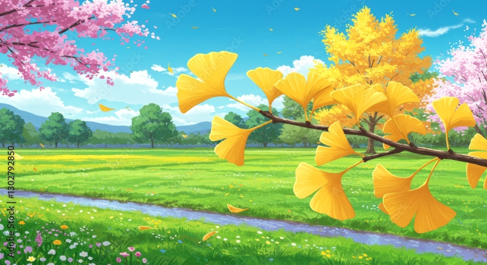 Aufkleber beautiful scene of a field with a yellow leaf on a tree. the leaf is on a branch that is in the fore