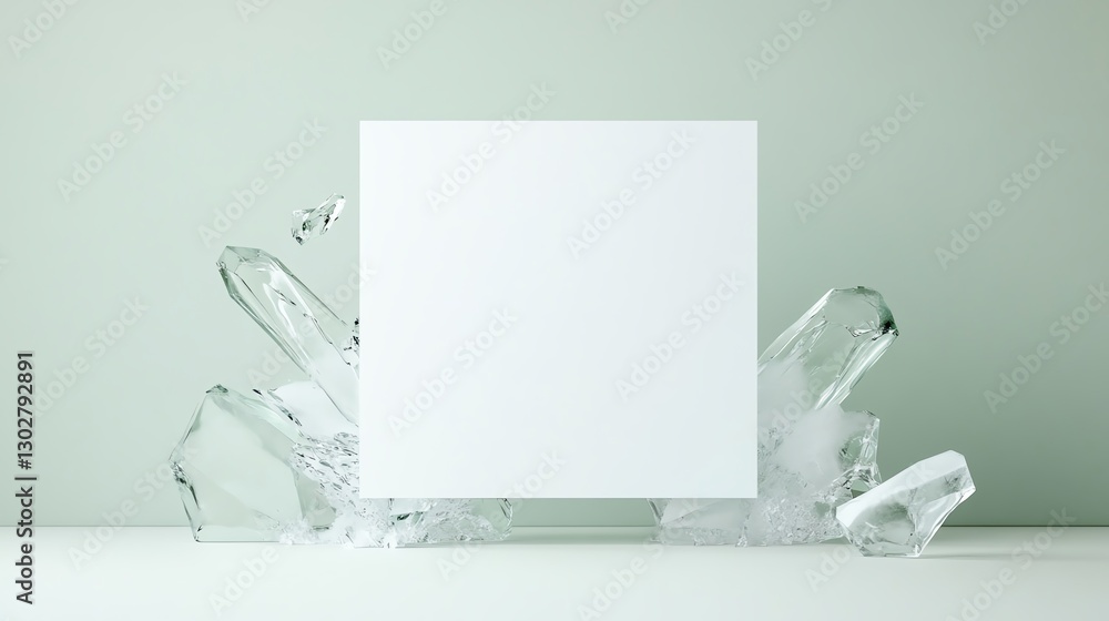 Poster minimalist design with a blank canvas surrounded by clear geometric crystals on a soft background.