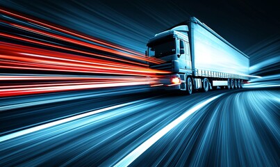 White truck speeding on highway at night with motion blur, ideal for transportation ads
