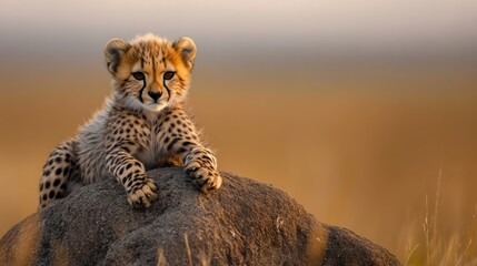 Obraz premium Cheetah Cub Resting on Rock in Golden Grasslands at Sunset